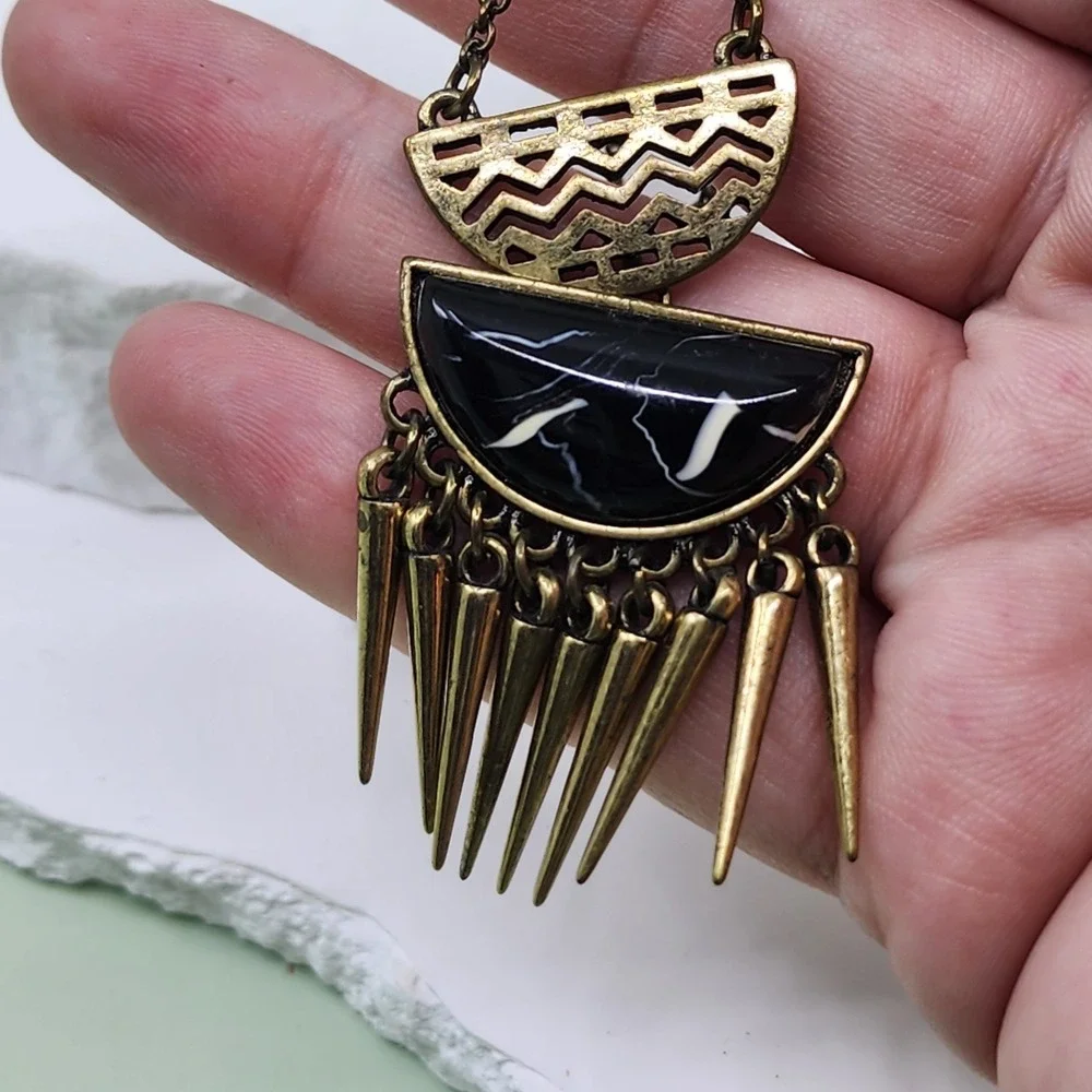 Gold Tone Black Faux Stone Tribal Spike Fringe Statement Pendant Necklace Boho